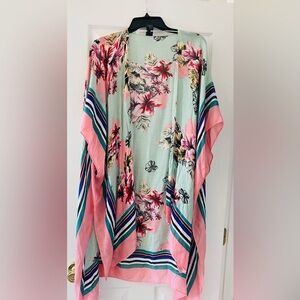 Boho Floral Express one size kimono cover up cape tropical pool side mint & pink